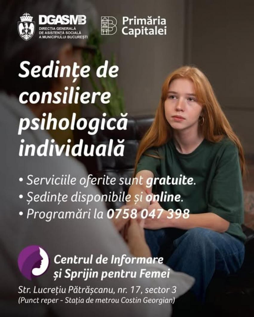 Ședințe de consiliere și suport psihologic pentru bucureștencele cu probleme